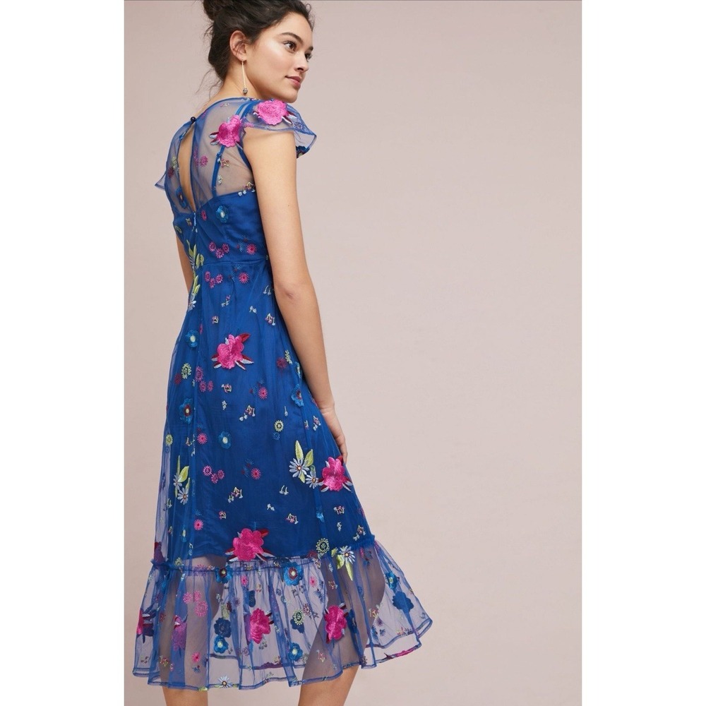 Anthropologie TRACY REESE Midi Dress Size 12P Embroidered Topaz Blue Floral - Picture 3 of 16